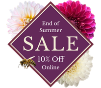A graphic featuring a purple diamond shape, cut-out dahlia flowers and the words, End of Summer Sale 10% Off Online.