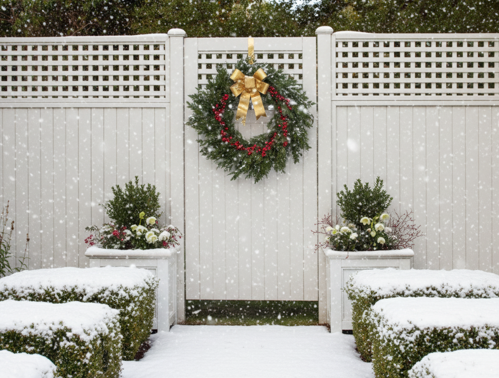 RHS Prestige fencing, gate, trellis and planters in the snow
