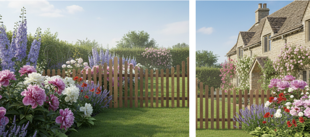 Two AI generated images of Picket Fencing in English cottage gardens.