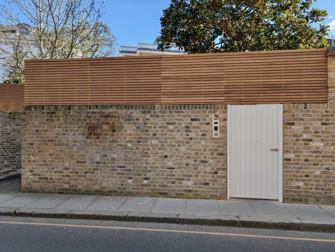Bespoke Iroko slatted panels (45mm slat 5mm gap)
