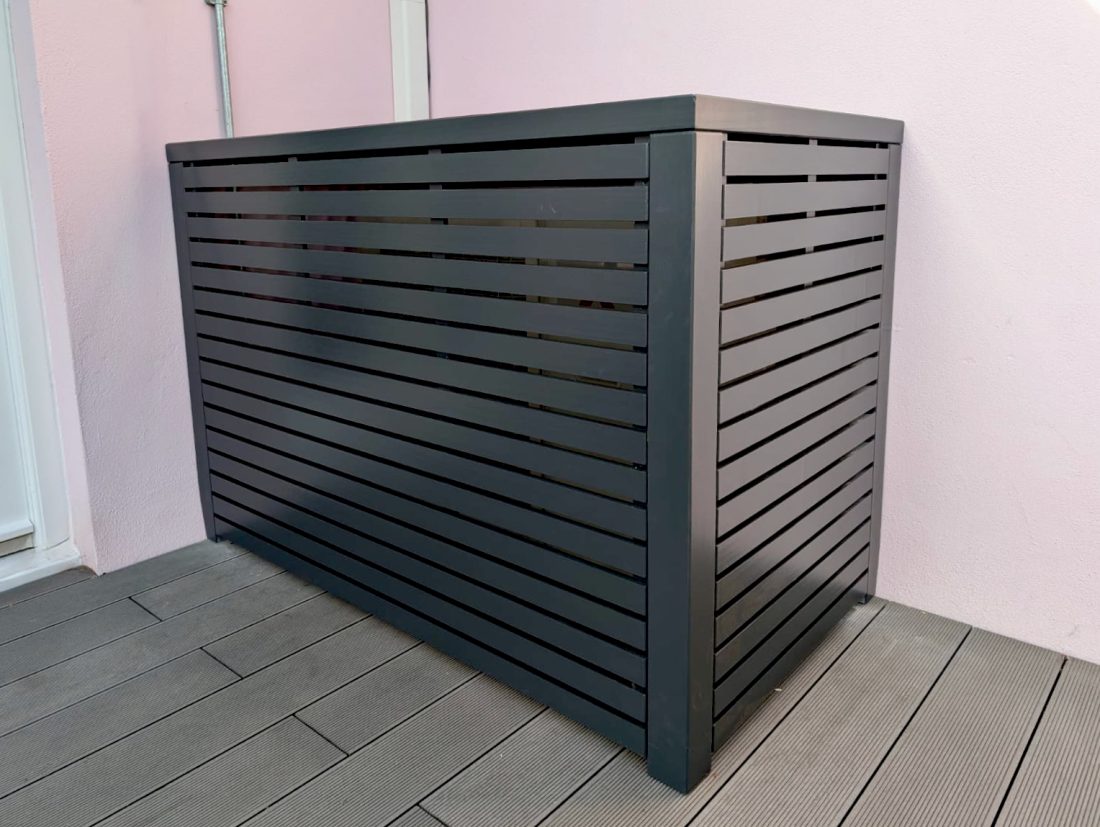 Bespoke slatted air con cover painted in Off Black