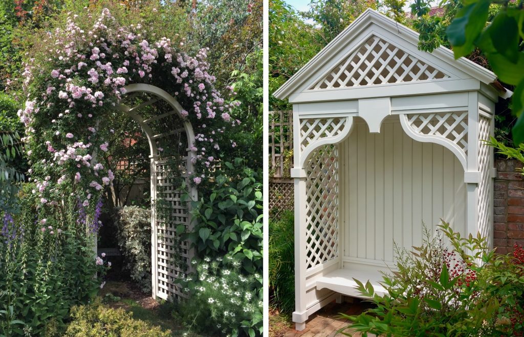 Two images: a rose arch and a bespoke seating arbour painted in white.