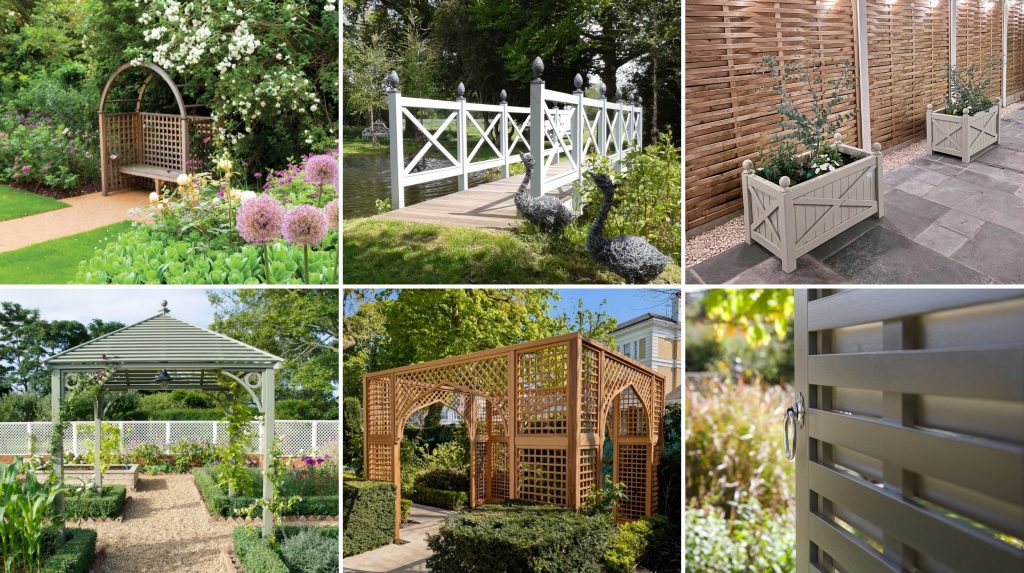Six images featuring handcrafted joinery in beautiful gardens