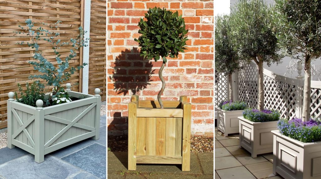 Three wooden planters ready for garden weddings