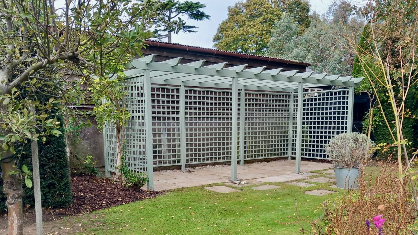 Bespoke trellis pergola painted in Deben