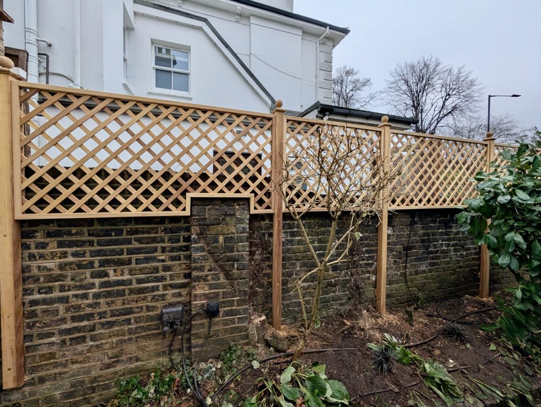 Bespoke Diagonal Trellis with a 68mm gap in Iroko