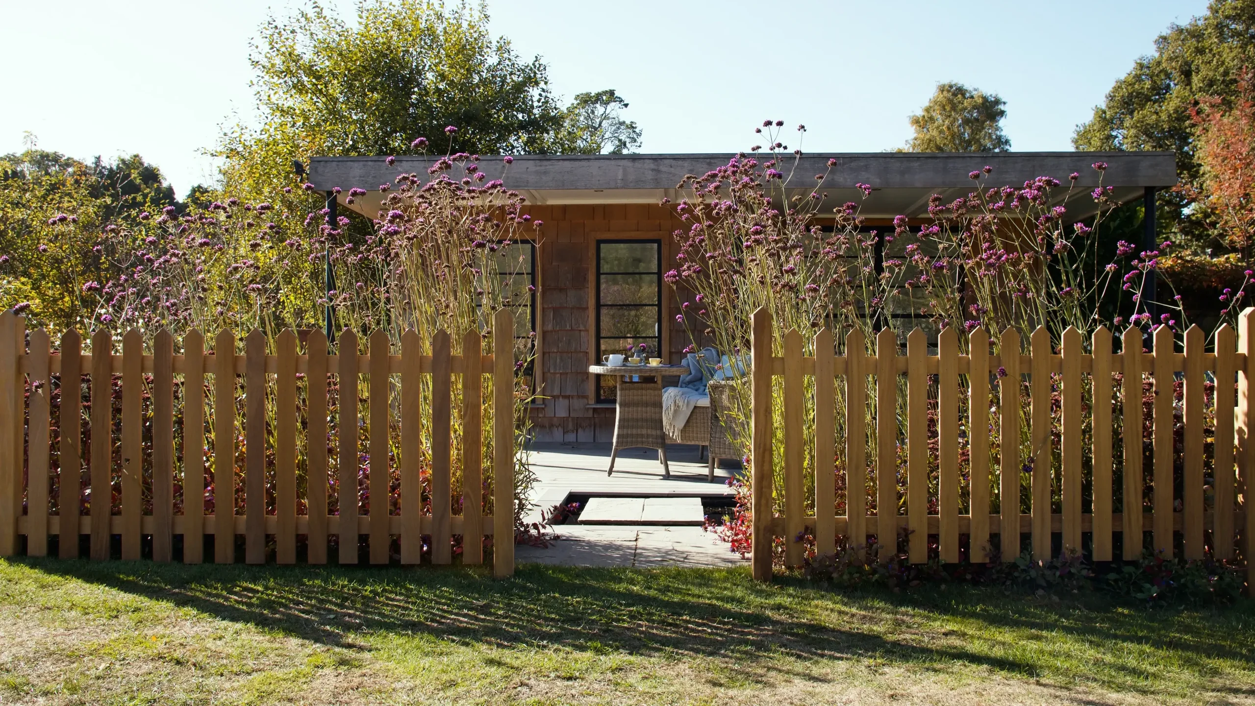 RHS Pointed Top Picket Fence in Iroko