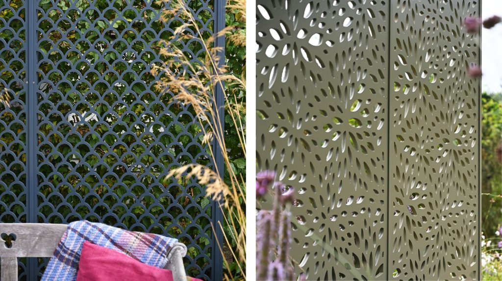Two images showing the Arcus and Bloom Decorative Screens