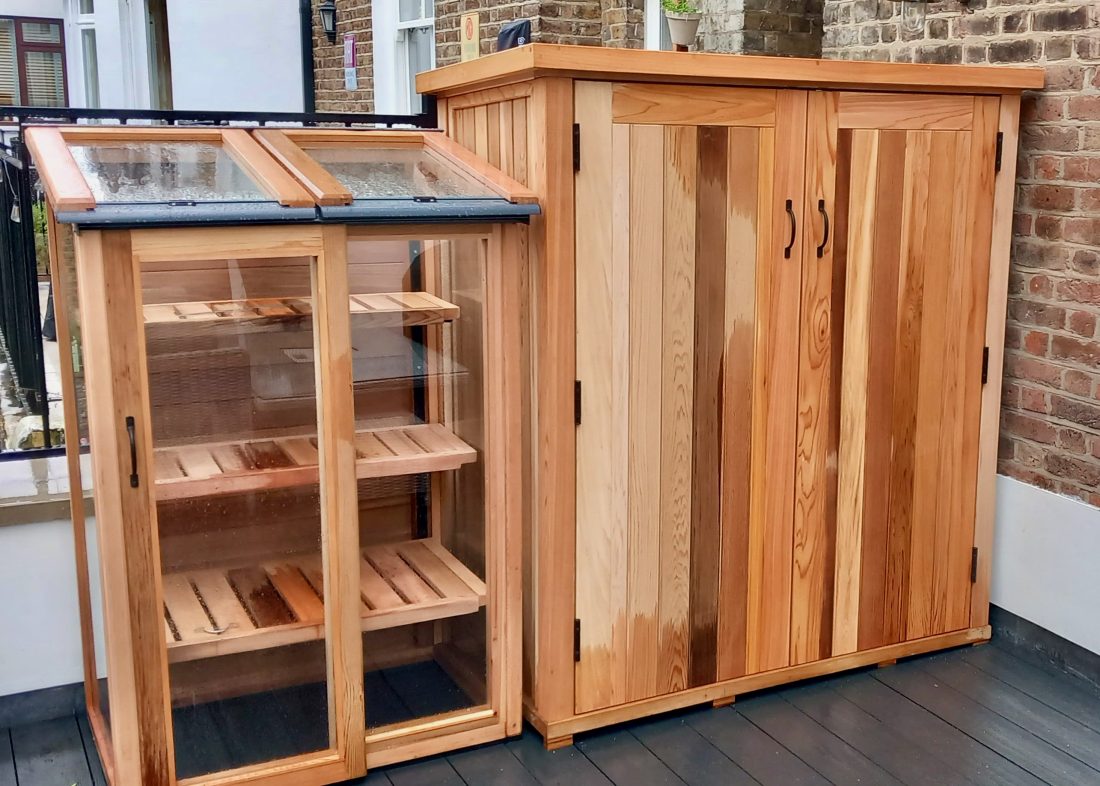 Bespoke store in Western Red Cedar, with double doors, interior shelving and pop-up table