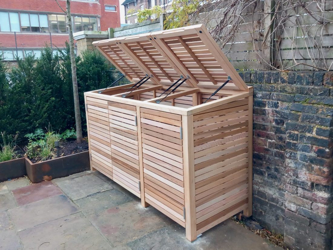Triple Slatted Bin Store in Western Red Cedar 45mm slat with a 10mm gap