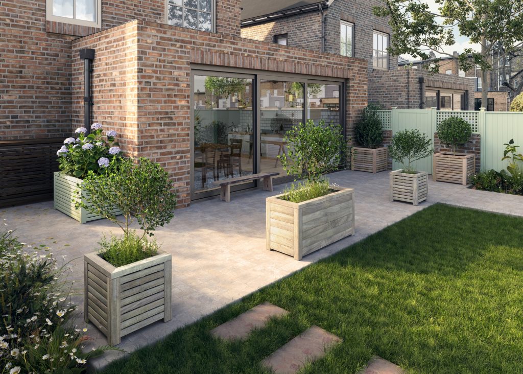 A CGI render of a modern house with Prestige slatted and contemporary planters