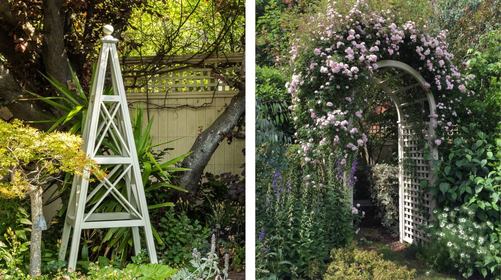 Two images side by side featuring an obelisk and an rose arch in established gardens.