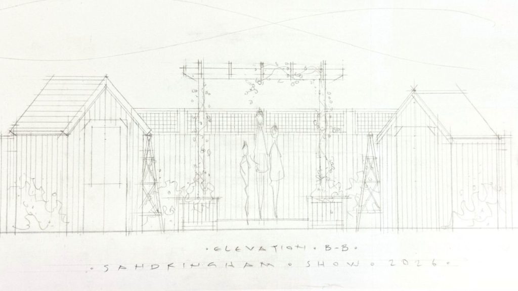 A drawing of The Garden Trellis Co stand for RHS Sandringham by Paul Baines
