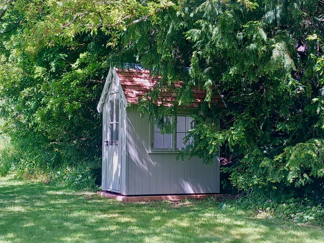 RHS Prestige Victorian Shed – painted in Manhattan Grey with Cedar Shingle Roof