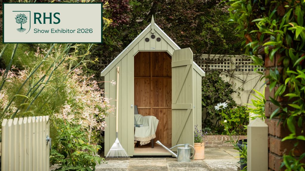 A photo of an RHS Large Garden Shed with an 'RHS Show Exhibitor 2026' Logo.