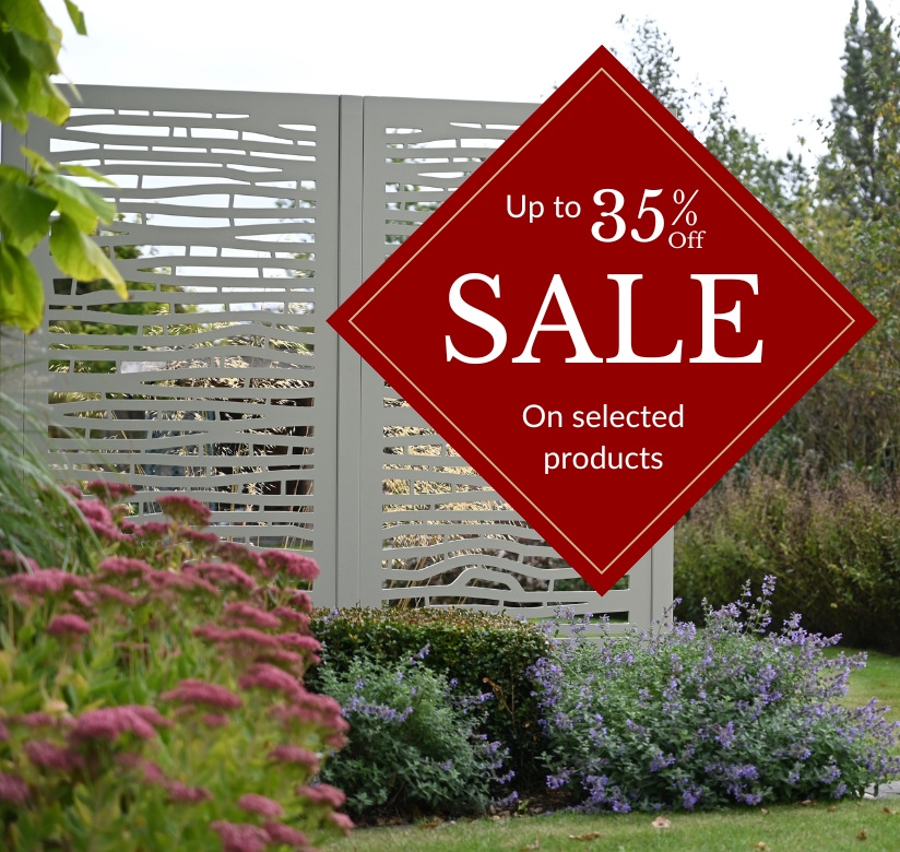 Vista Decorative Screens in a pretty garden with a badge graphic saying up to 35% off SALE.