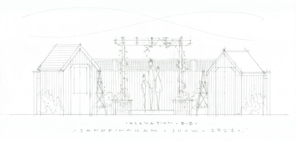 A hand drawing of the RHS Sandringham Show trade stand elevations by Paul Baines for The Garden Trellis Co
