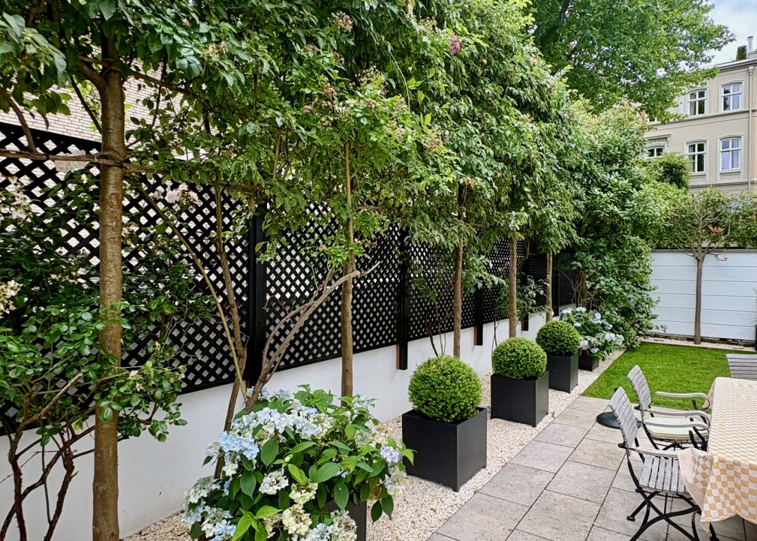 RHS Prestige Diagonal Trellis (38mm gap) painted in Black in a garden in Hamburg