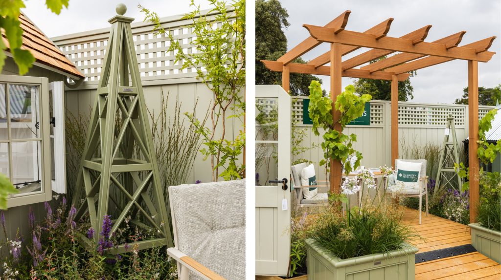 Two images side by side showing The Garden Trellis Co stand at RHS Sandringham Flower Show