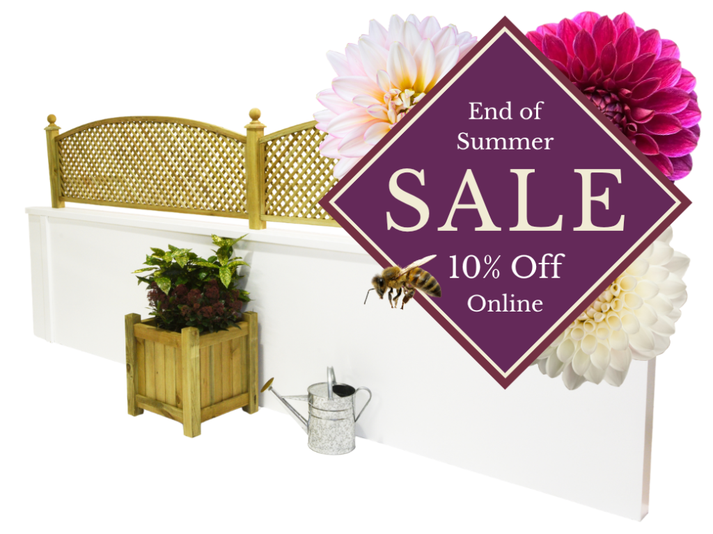 Cut-out image of arch top trellis panels on a white wall with a purple diamond shaped graphic featuring dahlia flowers and the text, End of Summer SALE 10% off online