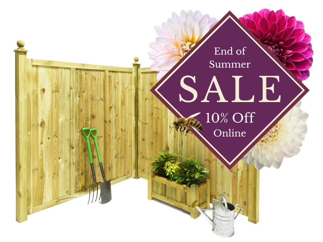 Cut-out image of solid fence panels with a purple diamond shaped graphic featuring dahlia flowers and the text, End of Summer SALE 10% off online
