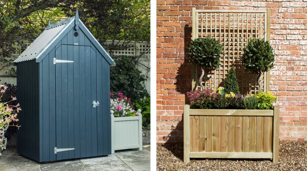 Two photos side by side showing an RHS Garden Store and a large trellis-backed planter.