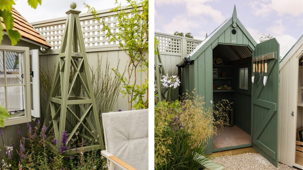 Two images side by side featuring the RHS-endorsed garden joinery by The Garden Trellis Co.
