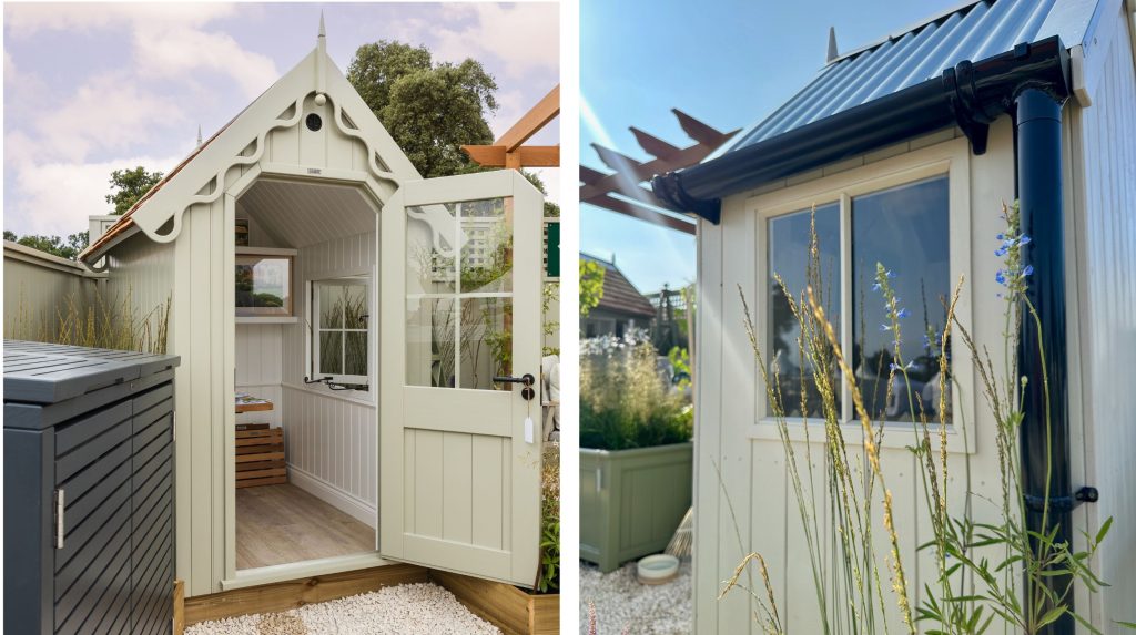 Two images side by side featuring RHS Garden Sheds and Stores at RHS Sandringham Flower SHow