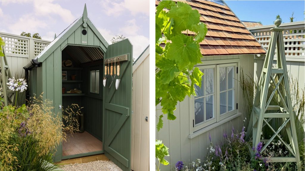 Two images showing beautiful RHS Garden Sheds with matching fencing behind.