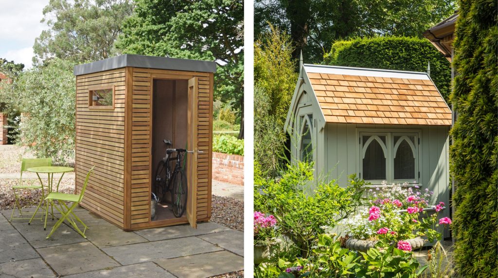 Two images of RHS Prestige Garden Sheds: one contemporary and one traditional.