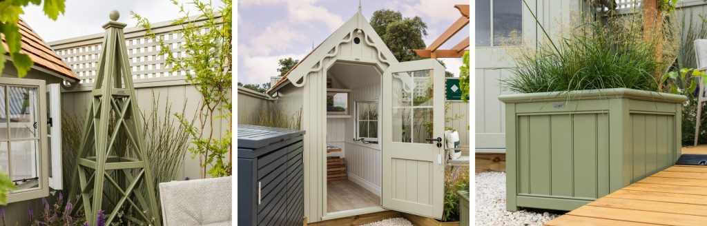 3 x images showing RHS-endorsed timber garden joinery at RHS Sandringham Flower Show