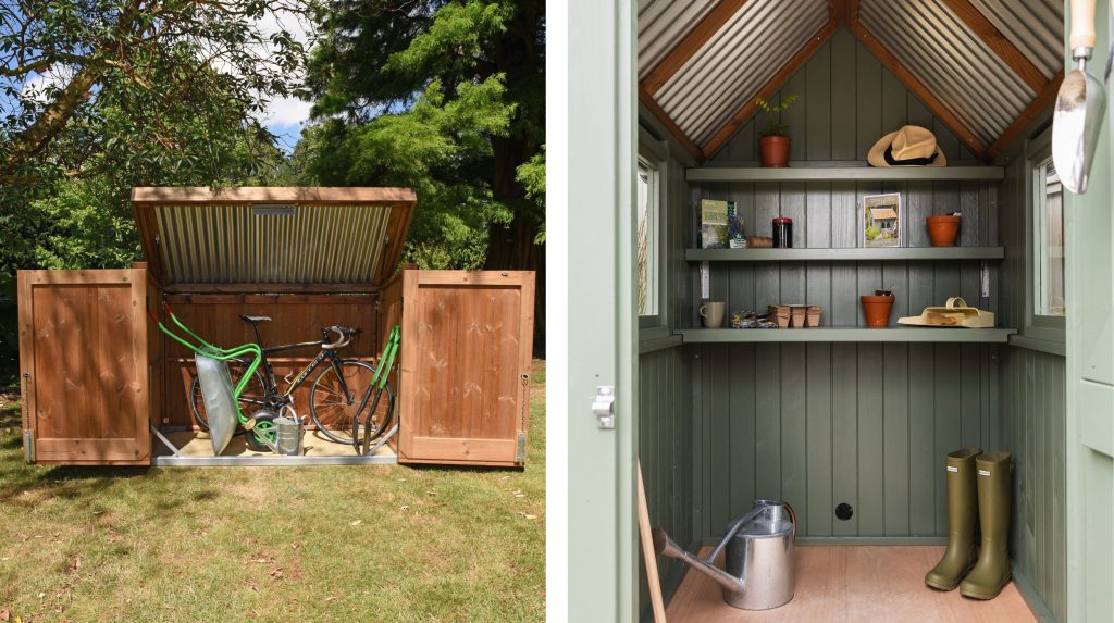 Two images showing the interiors of a bike store and a potting shed