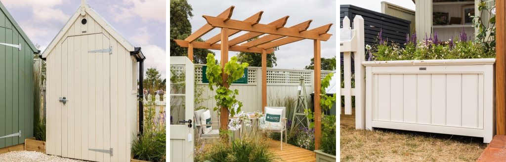 3 x images showing RHS-endorsed timber garden joinery at RHS Sandringham Flower Show