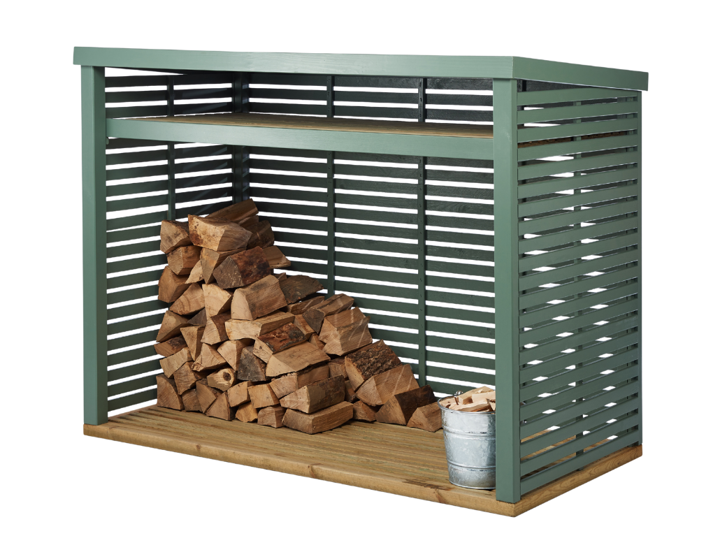 RHS Large Log Store with a few logs inside and a bucket of kindling on a white background.