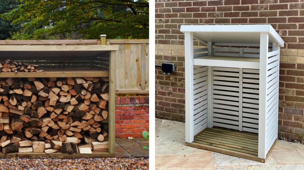 Two images side by side, the first showing the RHS Large Log Store and the second showing the RHS City Log Store, both with kindling shelves.