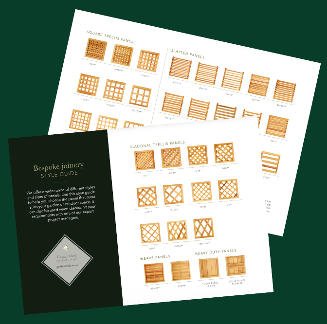 Two screen shots showing The Garden Trellis Co Bespoke Panel Style Guide on a green background