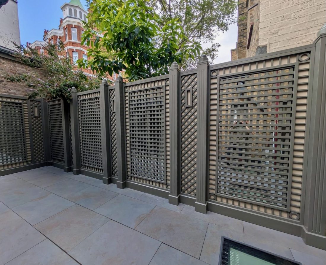 Bespoke decorative trellis and columns in Autumn Tide