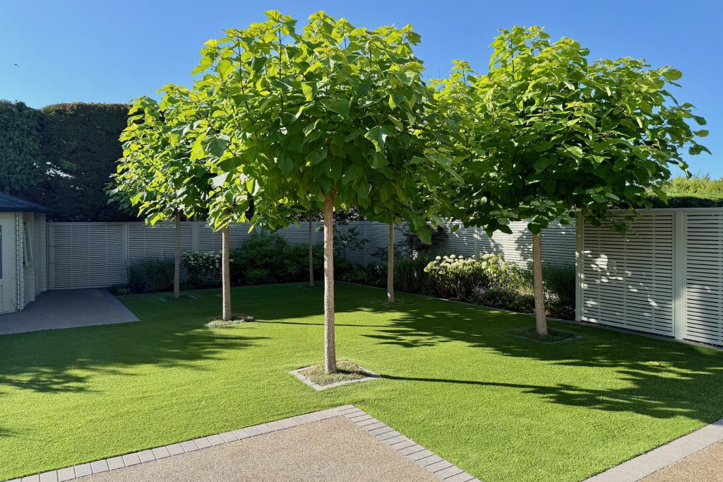 Framed slatted fence panels painted in Manhattan Grey in a neat, sunny garden.